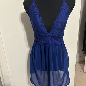 Blue Lace Pajama Set with Sheer Mesh